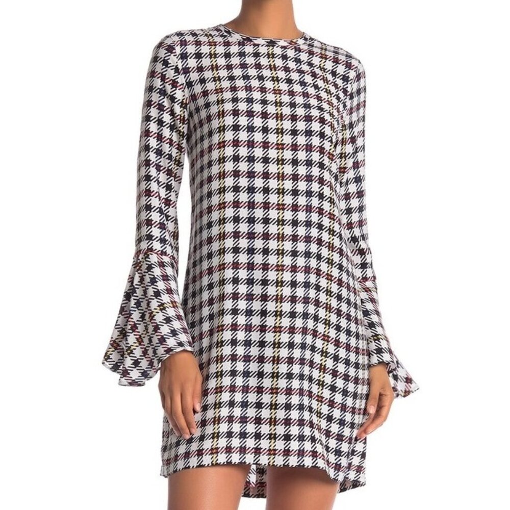 Equipment Mari silk shift dress in white houndstooth print